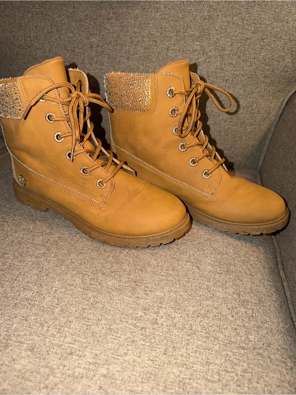 bebe Tan Lace-Up Boots with Crystal Collar Accent